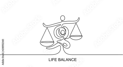 Continuous line drawing of a person balancing scales, symbolizing life balance and justice.