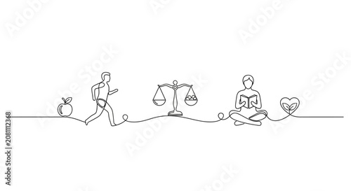 Continuous Line Art: Healthy Lifestyle Balance, Fitness, Knowledge, and Wellbeing