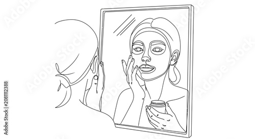 Woman applying facial mask in mirror, skincare routine, beauty, self-care, line art illustration