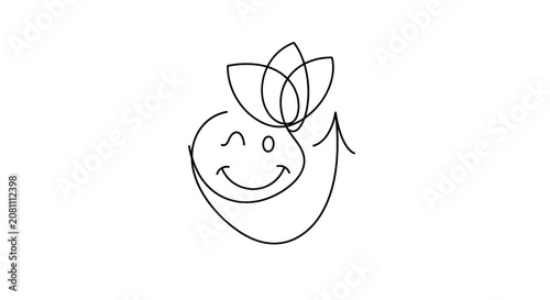 Smiling Face with Lotus Flower and Arrow Icon, Minimalist Line Art, White Background
