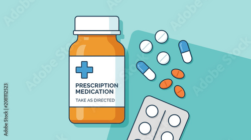 Prescription Medication Bottle and Assorted Pills Illustration