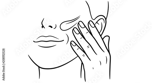 Close-up line drawing of a woman applying cream to her cheek and eye area.