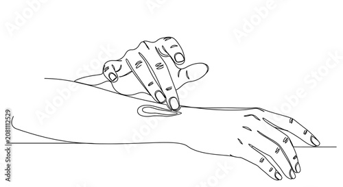 Hand applying cream to skin, minimalist line art illustration of skincare and dermatology concept.