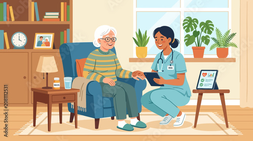 Senior Home Care Visit with Nurse and Elderly Woman