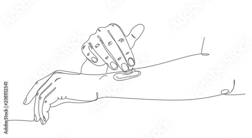 Continuous line drawing of a hand checking pulse on a wrist with a skin patch.