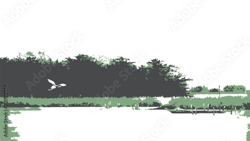 Graphic Nature Landscape with Egret and Marshland