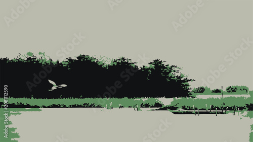 Minimalist Wetland Silhouette with Flying Egret