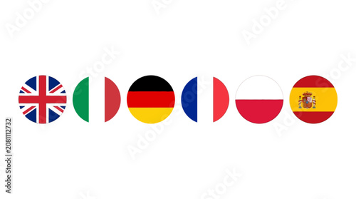 European flag circle button. National country icon flag set of United Kingdom, France, Germany, Italy, Spain and Poland