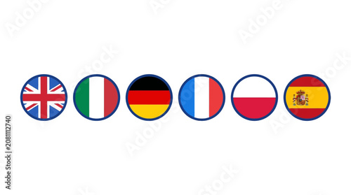 European flag circle button. National country icon flag set of United Kingdom, France, Germany, Italy, Spain and Poland