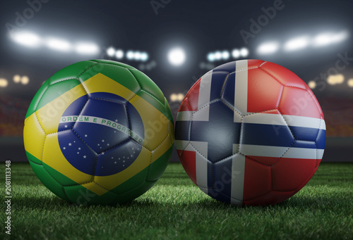 Two soccer balls in flags colors on a stadium blurred background. Brazil vs Norway.