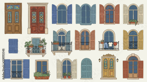 Schilderij op canvas Collection of classic retro vintage wooden front doors with ornate glass windows and rustic Mediterranean balcony shutters on a colorful traditional house exterior facade for home architecture