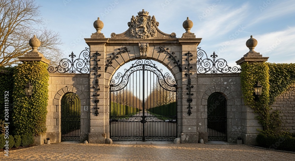 Obraz premium Ornate stone gate with wrought ironwork and greenery