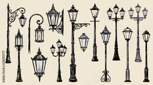 Принти на полотні Collection of diverse urban street lighting fixtures featuring classical retro vintage lanterns and sleek modern lampposts standing against a city backdrop at dusk for outdoor illumination
