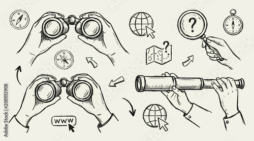 Foto Human hands holding various optical instruments including binoculars, magnifying glass, spyglass, and telescope for searching, discovering, and finding hidden details in exploration