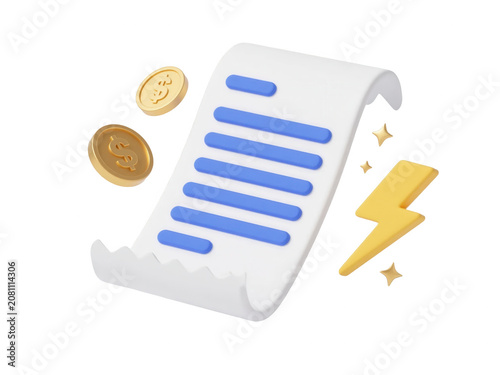 3D rendered electricity bill icon with paper receipt, gold dollar coins, and lightning bolt symbol. Utility payment, energy invoice, cost, budget, isolated object.