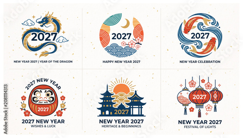 2027 chinese new year emblem and icon set featuring dragons fish daruma dolls and traditional temples celebration traditional oriental illustration prosperity mythology mythical creature