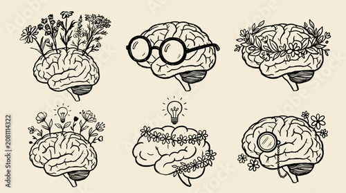 Foto Creative Brain Vector Icon Set Featuring Various Artistic Mind Illustrations wit