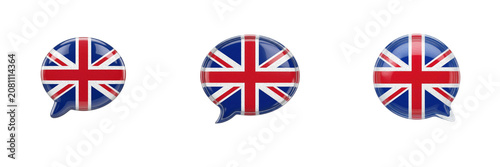 Set of 3d glossy speech bubble icon with United Kingdom Union Jack flag, language concept isolated on transparent background, premium png asset.