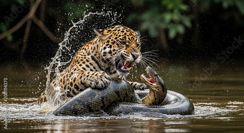 Jaguar fighting with anaconda in water wildlife scene
