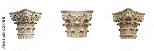Set of ornate antique stone Corinthian column capital, classic architectural element isolated on transparent background, high quality png format.