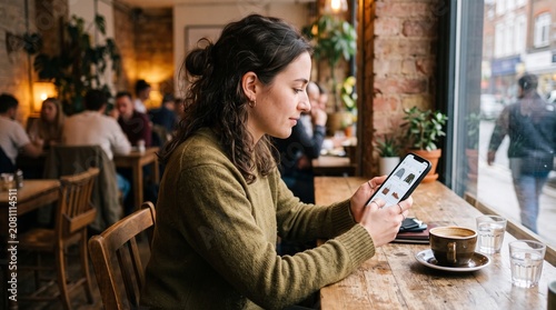 Woman browsing online store on smartphone while sitting in a cozy cafe with coffee and water