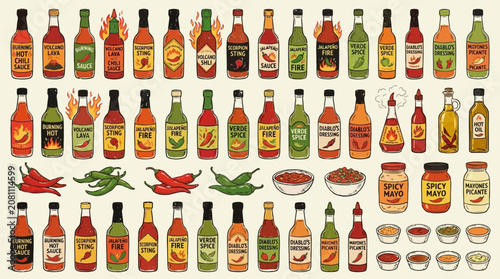Cuadro en lienzo Large collection of spicy hot chili sauces in glass bottles with fresh red and green peppers, assorted pungent condiment jars and fiery liquid dressings for culinary flavoring on white background