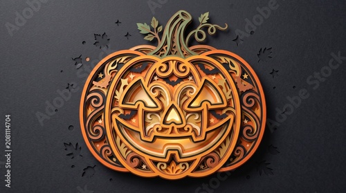 Intricate Orange and Brown Laser Cut Wood Halloween Pumpkin Decoration on Black Background