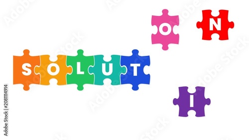 Animated Jigsaw Puzzle Pieces Form 'SOLUTION' Word on Clean White Background