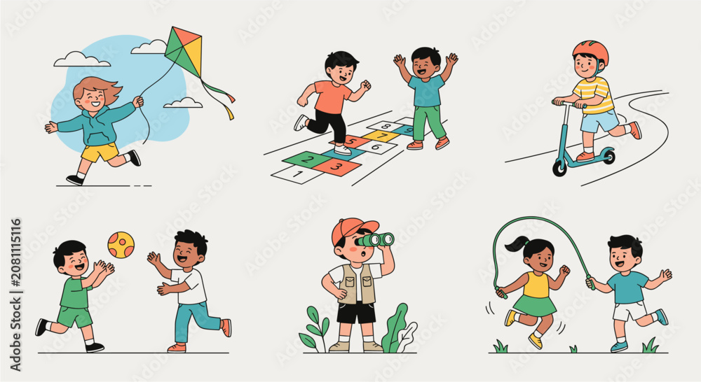 Fototapeta premium Happy Children Playing Outdoor Games and Activities Illustration Set for Kids Education