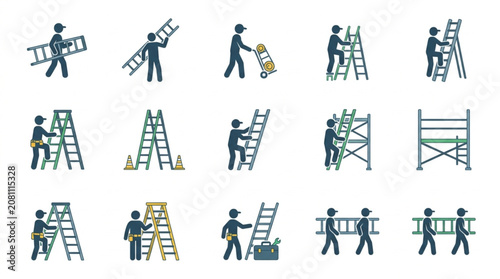 Bild auf Leinwand Collection of construction workers using ladders and scaffolding.