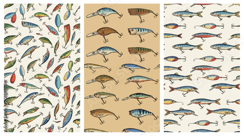 Bild auf Leinwand Artistic collection of assorted fishing lure gear featuring colorful spoon, wobbler, crankbait, surface popper, and realistic minnow bait for professional angling and sport fishing enthusiasts