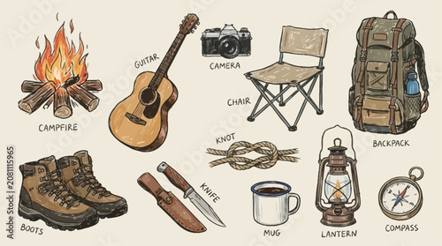 Outdoor adventure camping and hiking gear collection featuring campfire guitar camera folding chair backpack leather boots survival knife rope knot and metal mug on nature background.