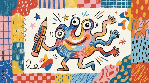 Canvastavla Whimsical Hand Drawn Quirky Doodle Abstract Creature Featuring a Cute Funny Char