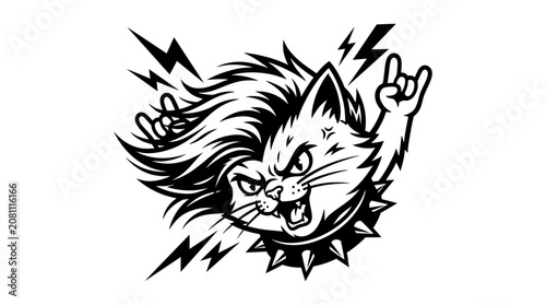 Photography Rock n Roll Cat Mascot Head with Spiked Collar and Lightning Bolts