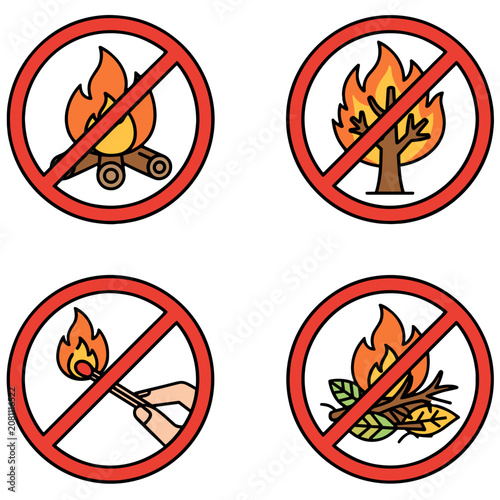 No Open Fire Safety Warning Vector Icon Set on a Transparent Background