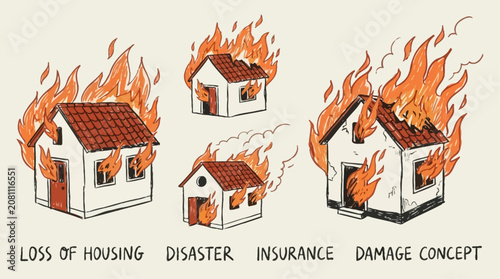 Fotografie Miniature residential neighborhood houses engulfed in intense orange flames and smoke, depicting a devastating domestic fire disaster with small white buildings and burning red rooftops