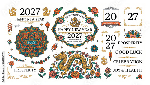 2027 chinese new year design kit with festive dragon motifs floral patterns and prosperity greeting typography celebration ornamental oriental illustration