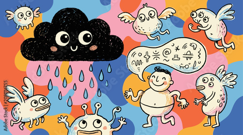Fotografía Quirky abstract creature featuring a cute funny character shaped like a dark black rainy cloud with expressive eyes and a cheerful smile, whimsical hand-drawn illustration of personified weather