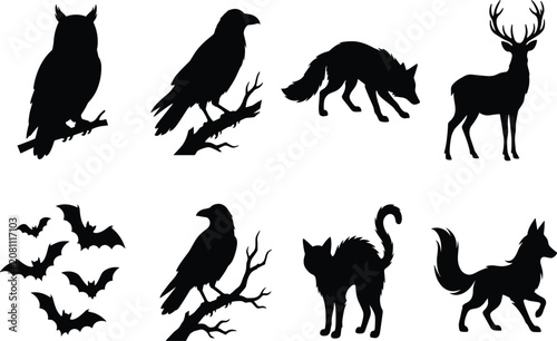 Photography Forest wild animals and halloween creatures black silhouettes set isolated on wh