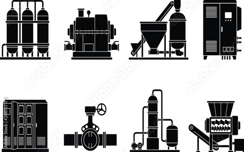 Photos Industrial manufacturing machinery and factory processing equipment black silhou