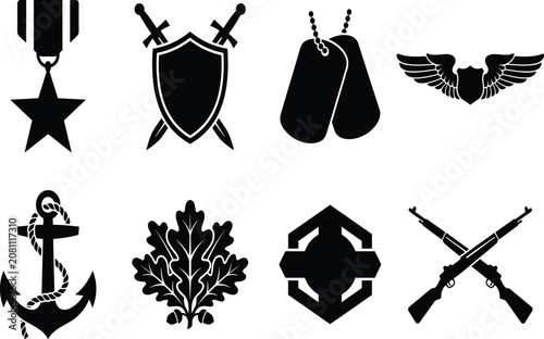 Valokuva Military insignia and army badges black silhouettes set isolated on white backgr