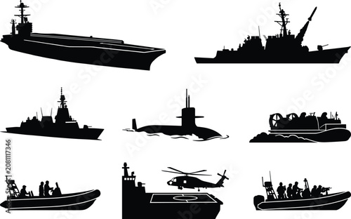 Canvastavla Military warships naval vessels and combat vehicles black silhouettes set isolat