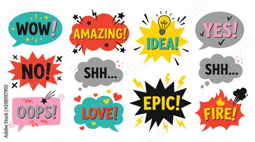 Bild auf Leinwand Colorful comic speech bubbles with motivational text amazing idea wow yes and epic labels