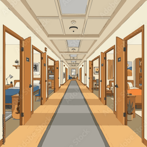 Hallway with open doors and rooms on both sides during daytime