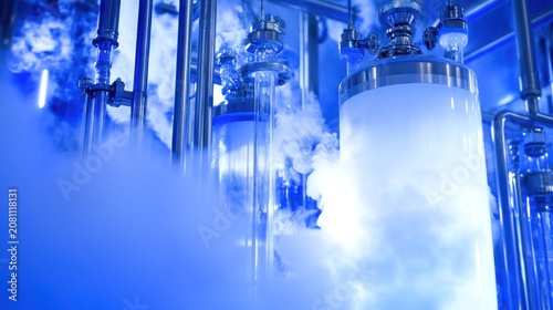 Industrial process with stainless steel vats and tubes, filled with blue vapor