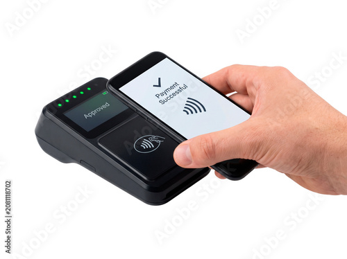 Customer uses smartphone for contactless payment at a modern point of sale terminal showing approved transaction PNG Isolated on transparent background
