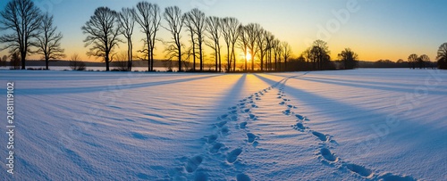 Footprints lead across a snow covered field at sunrise. Bare trees line the horizon under a clear sky. Long shadows stretch across the white landscape.