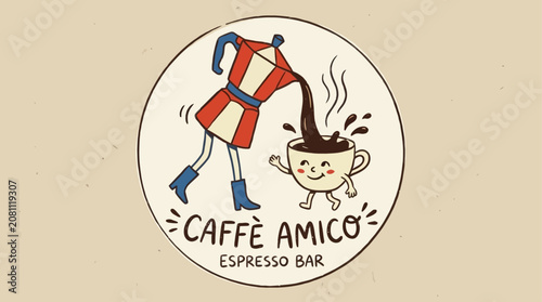 Bilde på lerret Whimsical illustration of an anthropomorphic silver moka pot wearing stylish brown boots pouring fresh espresso into a cute ceramic cup with a smiling face on a minimalist background