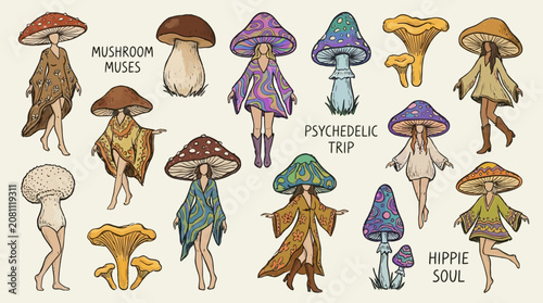 Konstfotografi Surreal collection of diverse mushrooms featuring elegant female legs creating a