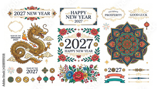 2027 lunar new year decorative elements and gold dragon vector illustration pack with decorative elements illustration celebration ornament traditional template invitation prosperity